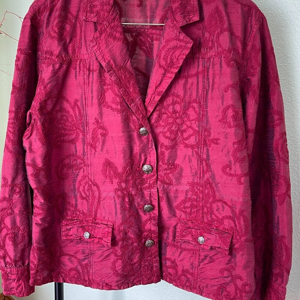 100% Silk Chico's Red Paisley Print Jacquard Topper Jacket Size 3( XL)